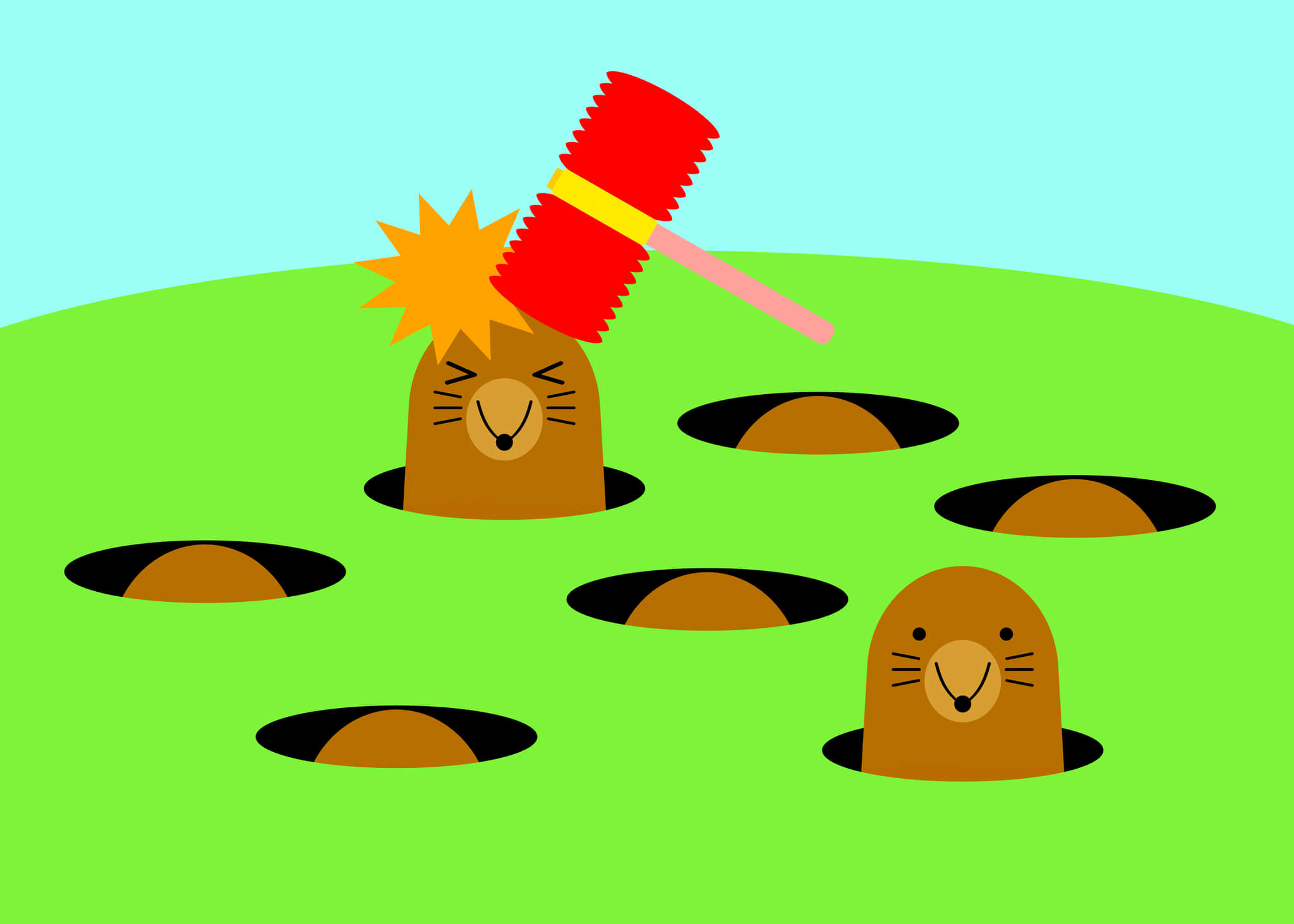 A mole is hit by a red hammer against a green and blue background