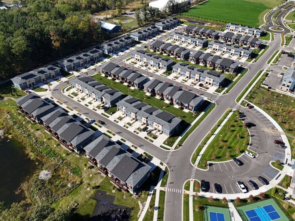 Exterior image of Woodview Commons Townhomes, a luxury multifamily development located in Ann Arbor Michigan. 